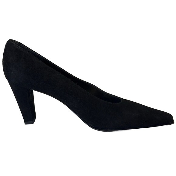 Stuart Weitzman Black Suede Heels 7.5 AAAA Pointed Toe Pumps Leather Sole Spain - Picture 1 of 8